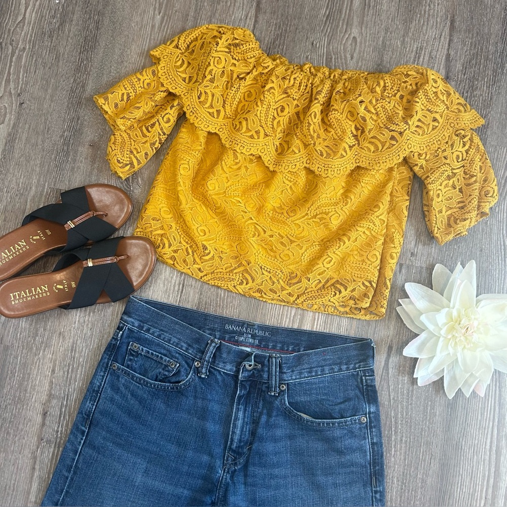 Mustard Yellow Lace Off Shoulder Top | Bell Sleeve Boho Festival Crop Top